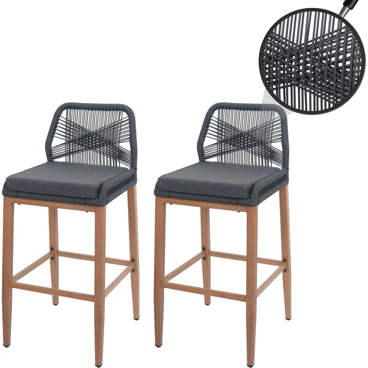2er-Set Rope-Barhocker HWC-O21, Outdoor Sitzpolster Seilgeflecht Metall Holz-Optik ~ anthrazit, Kissen dunkelgrau – Bild 1
