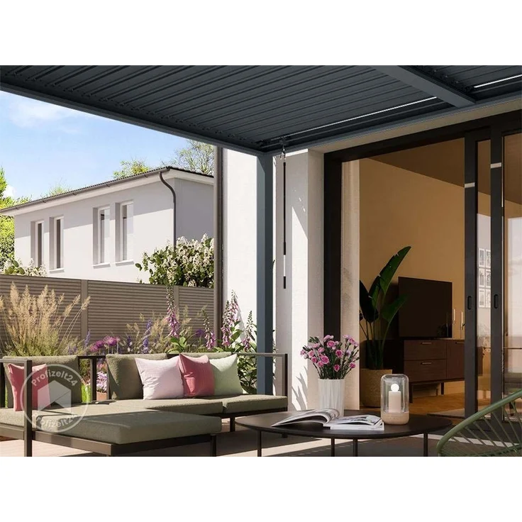 PRIMEYARD Pergola 4x4 m Aluminium-Pfosten mit Lamellendach aus Stahl anthrazitfarbene Terrassenüberdachung – Bild 4