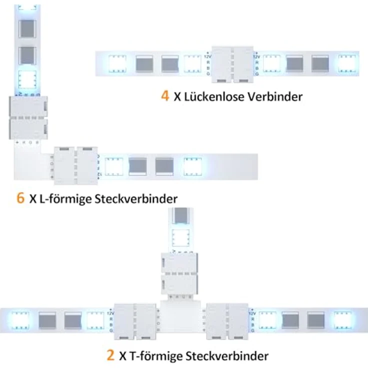 REDTRON LED Strip Verbinder Set, 10mm 4-polig RGB 5050, inklusive L- und T-förmige Eckverbinder, Verlängerung und Befestigungsclips – Bild 2