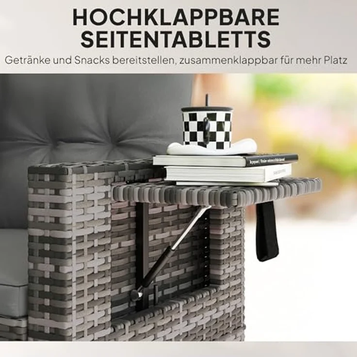 Outsunny Gartensofa mit Kissen, Klappbar Seitentabletts, Loungesofa 1 Teile, für Garten Terrasse Balkon, Poly Rattan Hellgrau – Bild 5