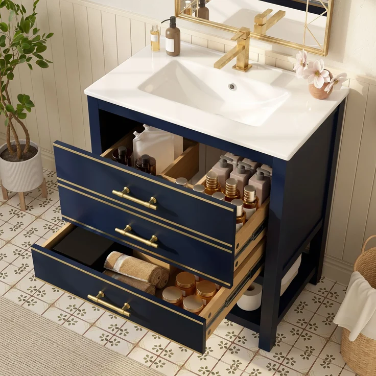 Waschtisch-Unterschrank 76 cm Schwarzblau mit Keramikbecken 2 Schubladen gold handhaben – Bild 3