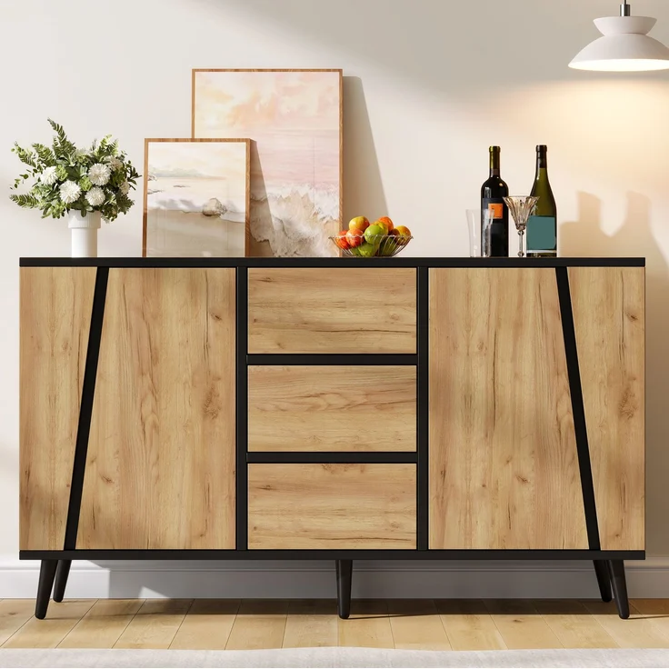 DESVIAE Sideboard Holzfarbe/Schwarz – 120x70x40 cm – 2 Türen, 3 Schubladen, verstellbare Einlegeböden – Bild 3
