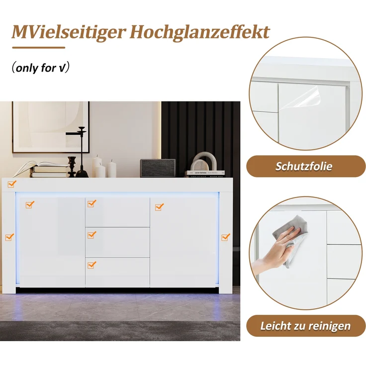 Merax Wohnzimmerschrank, Kommode mit 3 Schubladen, 2 Türen, Hochglanz Beistellschrank mit LED-Lichtleiste, Sideboard mit Stauraum, Weiß – Bild 6