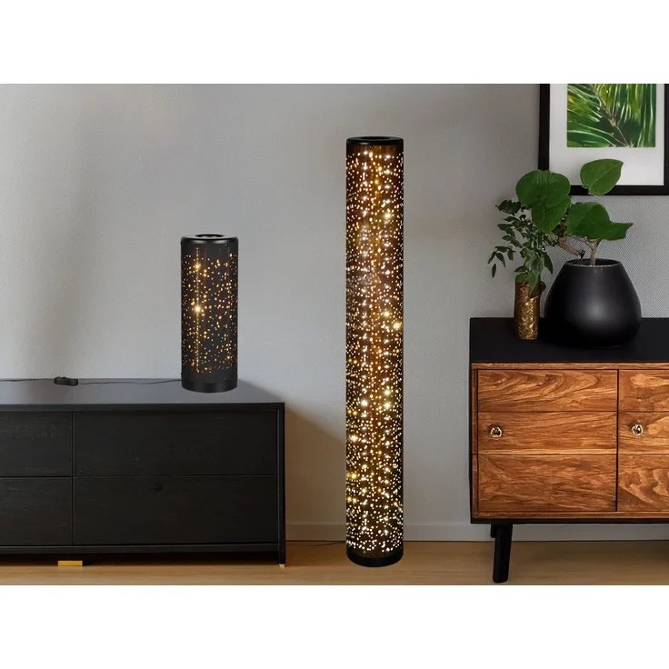 SET ausgefallene Stehlampe & Tischlampe Stoff Schwarz Gold mit Starlight Effekt – Bild 1