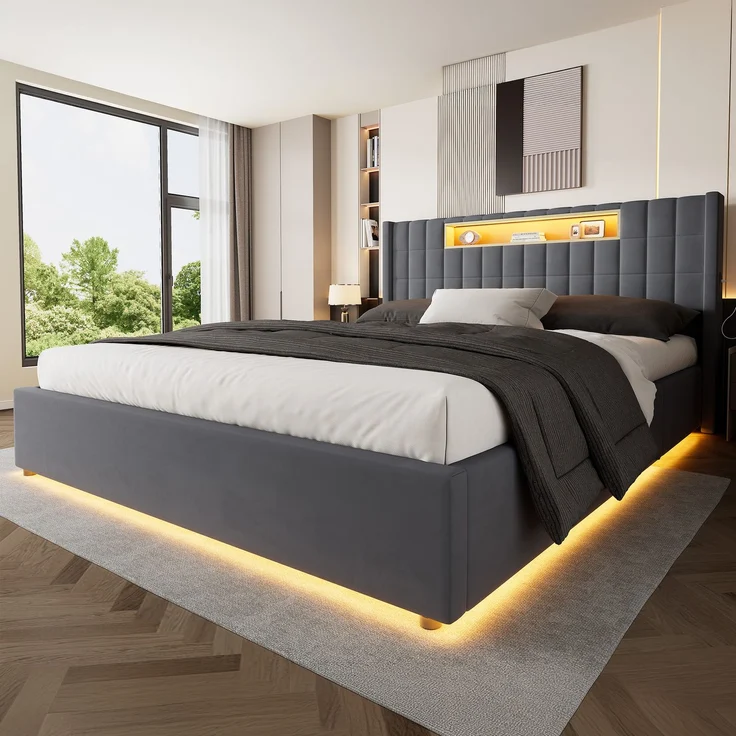 Polsterbett 180x200 cm mit LED-Beleuchtung, USB-Anschlüssen und Bettkasten – Ohne Matratze – Bild 3