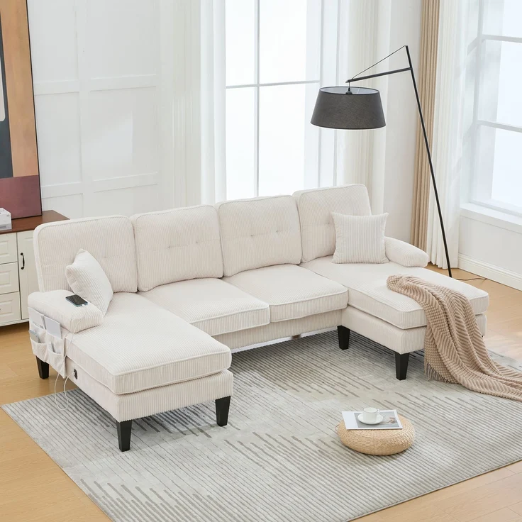 U-förmiges 4-Sitzer-Stoffsofa 250 cm mit 2 Chaiselongues, USB-C, Seitentaschen und Kissen, gepolsterte Wohnlandschaft, Beige – Bild 9