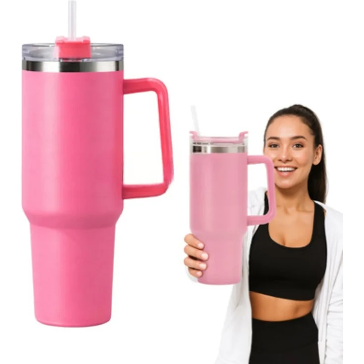 Thermobecher 1200 ml Rosa mit Henkel & Strohhalm – Edelstahl Isolierbecher – Bild 1