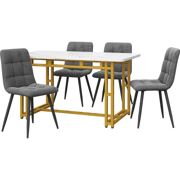 Esszimmer-Set 5-teilig mit Tisch 120x70 cm & 4 Grau Samtstühlen, Gold-Metallbeine,für Esszimmer und Wohnzimmer – Bild 2