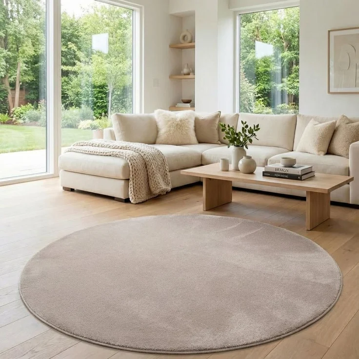 Jimri Flauschiger Teppich Läufer - Hochwertiger Kurzflor für Zuhause, Büro, Küche, Eingang, Flur, Wohnzimmer - Maschinenwaschbar - Rutschfester Teppich Waschbar - 160 cm Rund - Beige