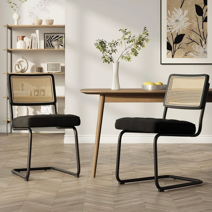 COLAMY Rattan Esstischstühle 2er Set, Samtbezug mit Metallgestell, Schwarz – Bild 1