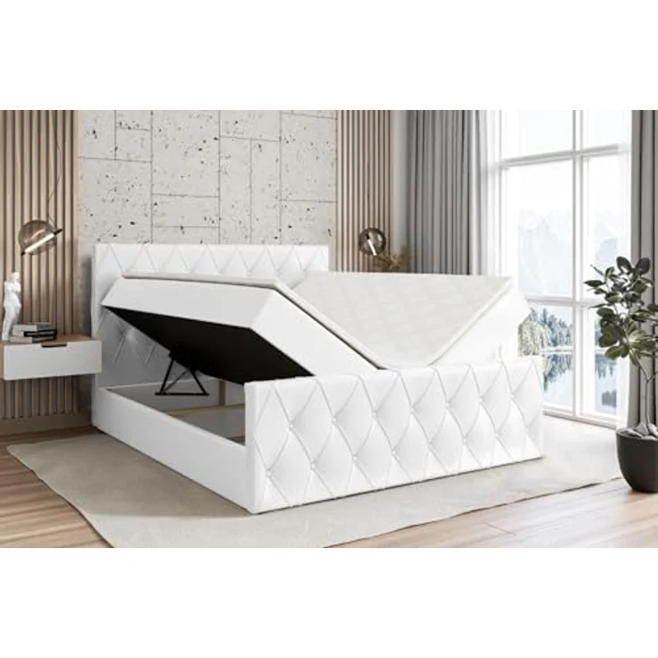 ALTDECOR AMAY Boxspringbett 180x200 cm, Polsterbett mit 21 cm hoher Matratze (H4), 4 cm Topper und Bettkasten, Weiß Kunstleder – Bild 4