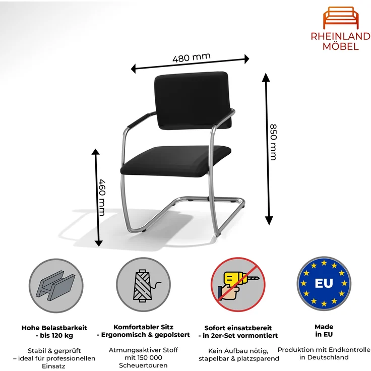 Rheinland Möbel Solido 2er Set Freischwinger Stühle mit Armlehne – verchromtes Rundrohr, bis 120 kg belastbar, stapelbar, GS-geprüft, schwarz – Bild 2