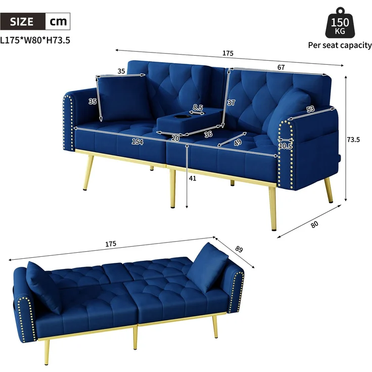 ZUBALIYA Schlafsofa 80x73.5 cm, mit LED - Beleuchtung, mit Stauraum, mit Samtbezug, mit breiten Armlehnen, Gold – Bild 8