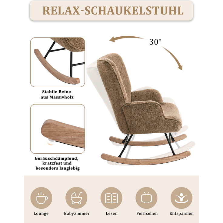 GOEURVANT 5006 Schaukelstuhl mit Hocker (Relaxsessel, Ohrensessel), Teddy-Stoff - Braun – Bild 8