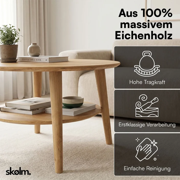 skølm 'Mjölnir' Couchtisch rund, Massivholz Eiche, natur geölt, Wohnzimmertisch Ø70 cm, Beistelltisch für Wohnzimmer mit Ablage – Bild 4