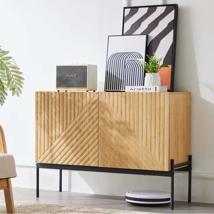 DESVIAE Sideboard mit verstellbarem Einlegeboden, 100x75x40 cm, Spanplatte und Metallrahmen, Natur
