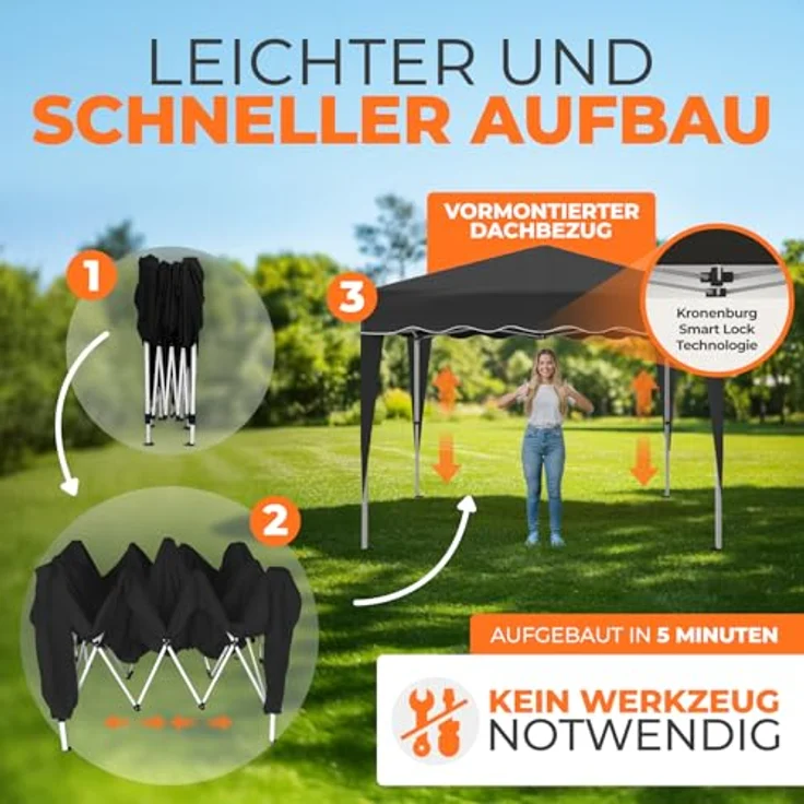 Faltpavillon 3x3 m - wasserdicht - ohne Seitenteile, schwarz – Bild 5