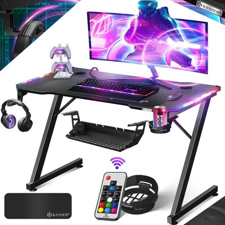 KESSER® Gaming Schreibtisch LED, Z-Form, Kopfhörerhaken, Kohlebeschichtung, ergonomisch, mit Mauspad & Getränkehalter, Schwarz Carbon mit LED, 100 x 60 cm
