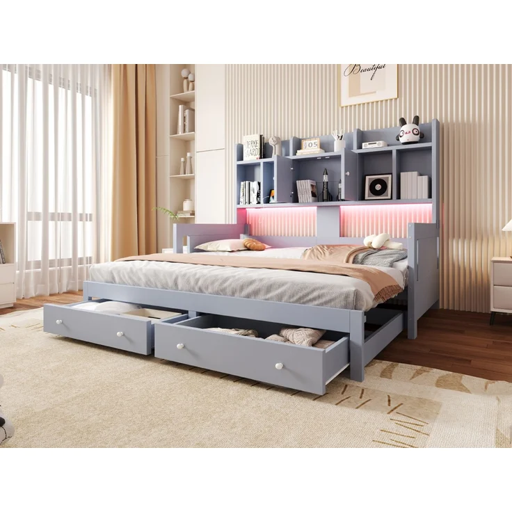Multifunktionales Ausziehbares Schlafsofa Aus Holz Mit Schubladen, Ablageflächen, Schränken und offenen Fächern, Ausgestattet Mit Steckdosen und LED-Beleuchtung, Gästebett, Grau--Herde--193.6x97x140cm--YOUDENOVA – Bild 7