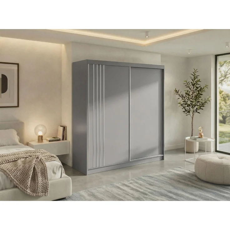 Schwebetürenschrank NAURU mit Lamellen-Optik, moderner Kleiderschrank, Breite 200 cm, inkl. Innenausstattung & Stauraum, Akustikpaneel-Design - Grau und Weiß – Bild 1