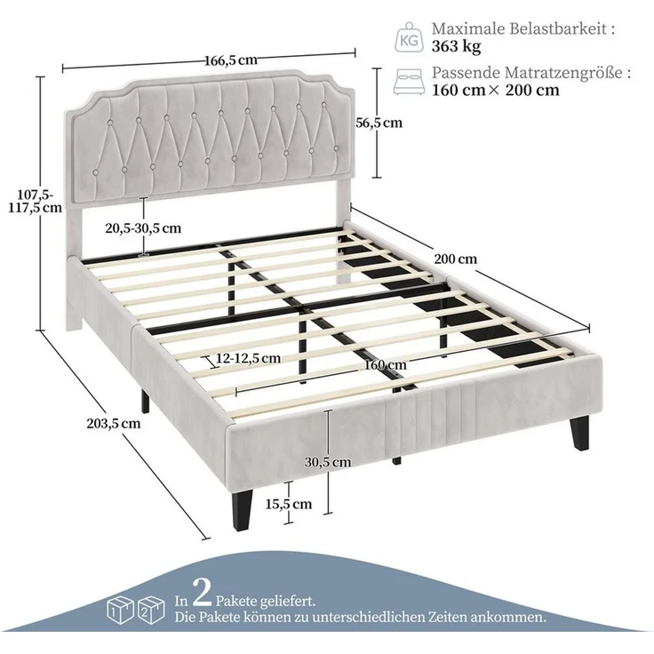 Yaheetech Polsterbett, Doppelbett 140 × 200 cm mit höhenverstellbarem Kopfteil, Beige – Bild 3