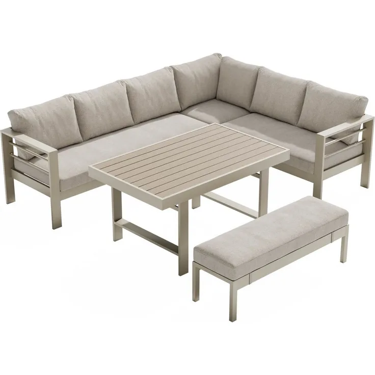 MeXo Gartenlounge-Set XXL Gartenmöbel Set Aluminium für 6-8 Personen, (Dining Loungeset Outdoor, 5-tlg, mit 12 cm dicken Sitzkissen, pflegeleichte Polywood-Tischplatte), wetterfeste Ecklounge mit Esstisch