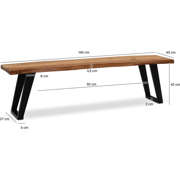 Esszimmerbank 140x40x45 cm Akazie Massivholz Metall Baumkante U-Beine Modern – Bild 4