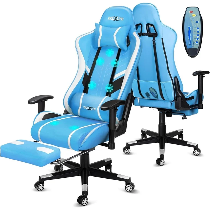 Gaming Stuhl mit 7 Punkt Massage Fußstütze Ergonomischer Bürostuhl Blau – Bild 1