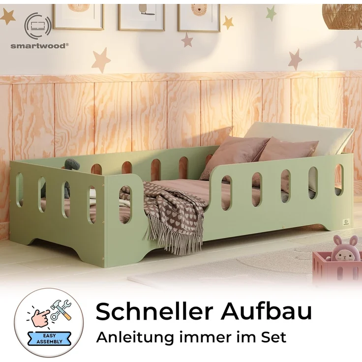 smartwood Kinderbett Bodenbett 120x180 mit Rausfallschutz & Lattenrost - Grün - Kinder Montessori Bett TILA 2L mit glatten Kanten - Betten für schnelle Montage - Bis 300 kg belastbar – Bild 4