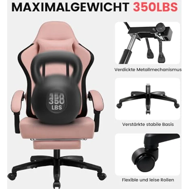 GTPLAYER Gaming-Stuhl Ergonomischer Gaming Sessel Schreibtischstuhl mit Stoffoberfläche (Pacekung), Federsitzkissen mit Fußstütze – Bild 10