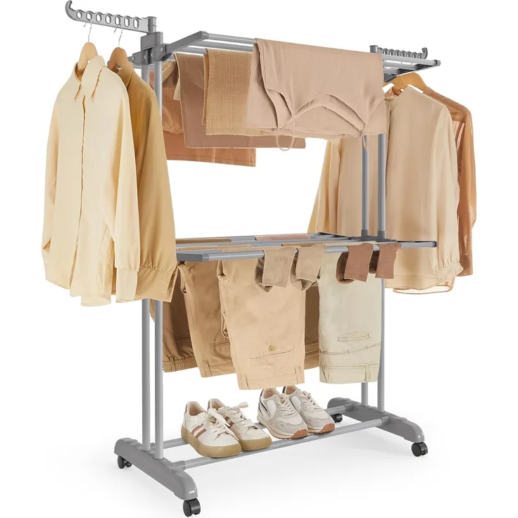 SONGMICS Wäscheständer, Standtrockner 4 Ebenen, Flügelwäscheständer, klappbare Flügel, mit Rollen, 63,5 x 128 x 148 cm, groß, einfacher Aufbau, für Innen- und Außenbereich, taubengrau