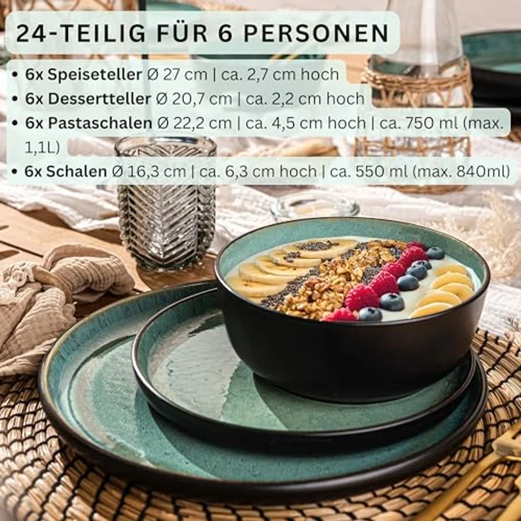 Sänger Fiji Tafelservice, 24-teiliges Geschirr-Set aus grünem Steingut, kratzfest, spülmaschinen- und mikrowellengeeignet – Bild 2