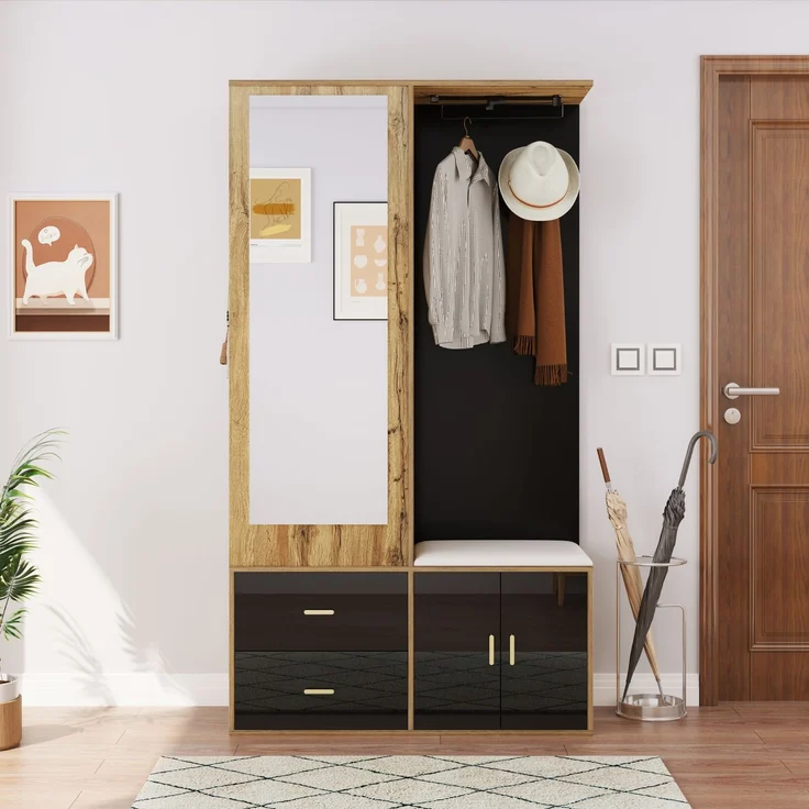 Faumrta Elegantes Kleiderschrankset in Schwarz und Holzfarbe mit Spiegel, Schuhschrank, Schuhbank mit Haken und ausziehbaren Kleiderbügeln. 100CM*38CM*180CMNaturalSpanplatte – Bild 4