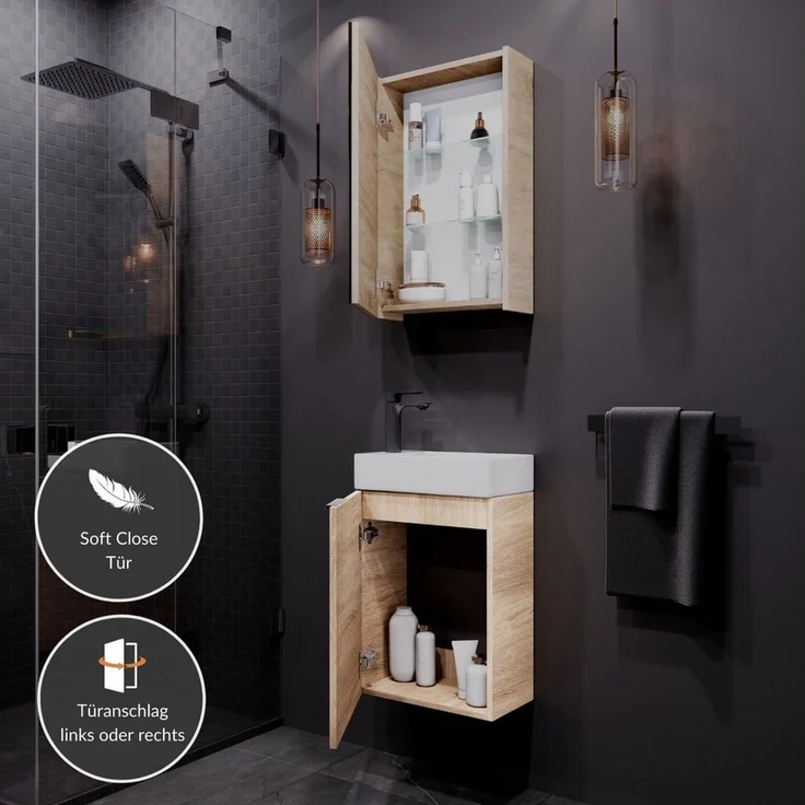 Planetmöbel Badmöbel-Set Badmöbel-Set 40cm mit Spiegelschrank (Sonoma Eiche), (Komplett-Set, 3-St), Badmöbel, Breite 40 cm, Soft-Close-Funktion – Bild 2