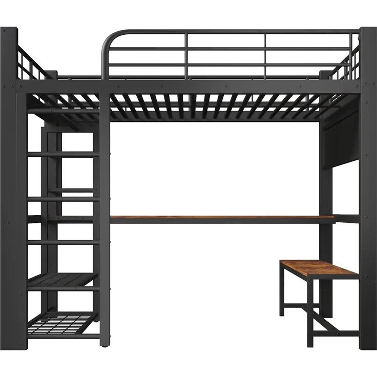 Merax Hochbett, Kinderbett 140×200cm, Jugendbett Gitter zum Aufhängen von Gegenständen, mit LED-Lichtleiste, Ohne Matratze, schwarz – Bild 9