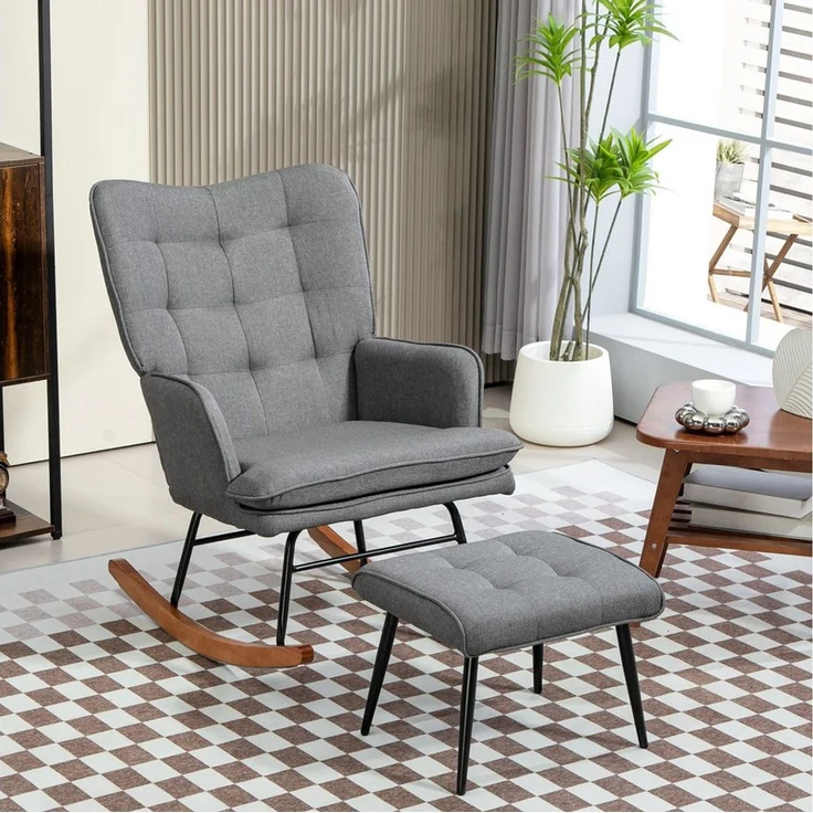HOMCOM Schaukelsessel mit Hocker, Relaxsessel mit Leinenoptik (Armlehnsessel, 2-St, Schwingsessel), für Wohnzimmer, Schlafzimmer, Schwarz+Dunkelgrau – Bild 1