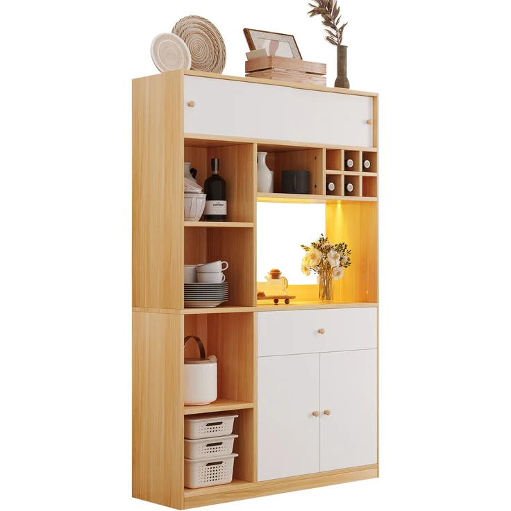 ZUBALIYA Buffetschrank 115x35x180 cm, mit LED-Beleuchtung, aus Spanplatte, Weiß / Natur – Bild 22