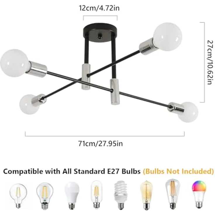 Goeco Deckenleuchte Vintage 4 Flammig, E27 Fassung Schwarz Kronleuchter Retro, Sputnik Deckenlampe Metall für Schlafzimmer, Wohnzimmer, Esszimmer, 71CM (Ohne Glühbirnen) – Bild 4