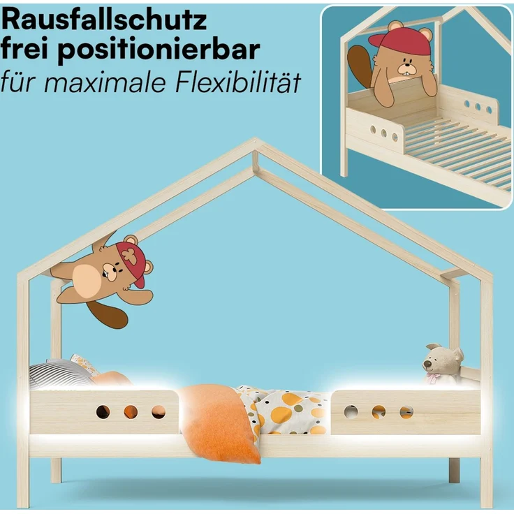 Bellabino 'Bela' Hausbett 90x200 cm mit Matratze, natur, Kiefer Massivholz, Montessori Kinderbett mit Rausfallschutz und Lattenrost – Bild 8
