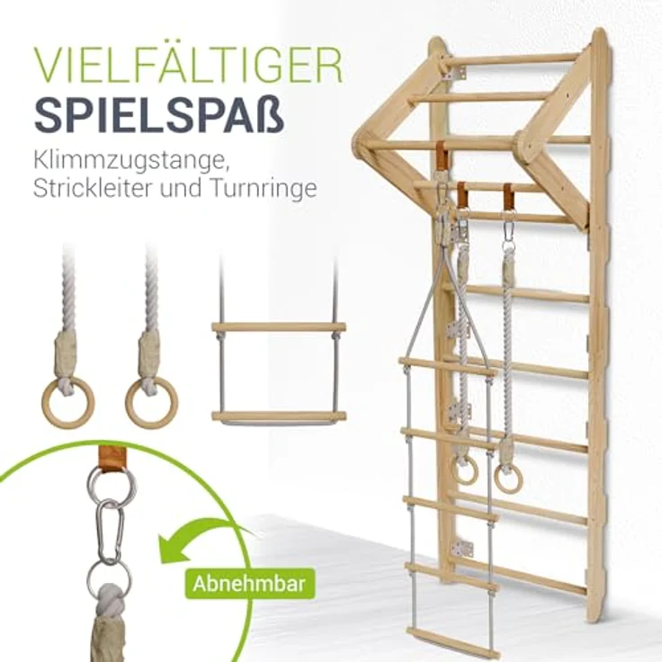 Juskys Sprossenwand für Kinder - mit Klimmzugstange, Indoor Klettergerüst mit Turnringen und Strickleiter, Kletterwand fürs Kinderzimmer, Turnstange – Bild 4