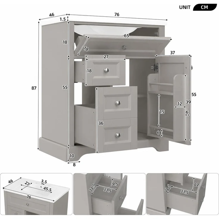 76x46x87cmBodenstehender Badezimmerschrank mit Waschbeck, Waschtisch, feuchtigkeitsbeständig lackiert, Soft-Close-Schubladenführungen, Türregale,ausklappbare Schublade,verstellbare Ablagefläche, grau – Bild 7