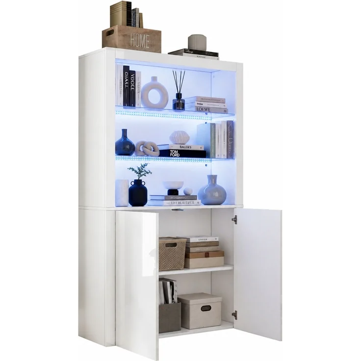 DESVIAE Vitrine mit LED-Beleuchtung und Doppeltürschrank, 100x170x35 cm, MDF und gehärtetes Glas, Weiß – Bild 7