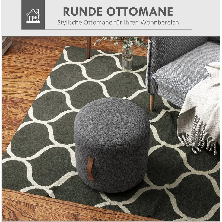 HOMCOM Fußhocker Sitzhocker, Runder Polsterhocker, (Fußstütze, 1 St, Ottomane), Dunkelgrau 48 x 48 x 45 cm – Bild 3