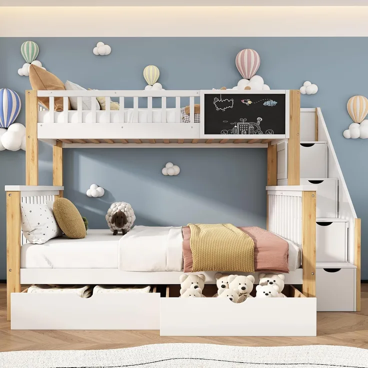 Odikalo Kinderbett Etagenbett Doppel Multifunktion Tafel Schubladen weiß 90x200+140x200 (Kinder-Etagenbett, Doppelbett, multifunktionales Kinderbett, mit Tafel und Schubladen, ohne Matratze, weiß+helle Eiche, 90*200+140*200)
