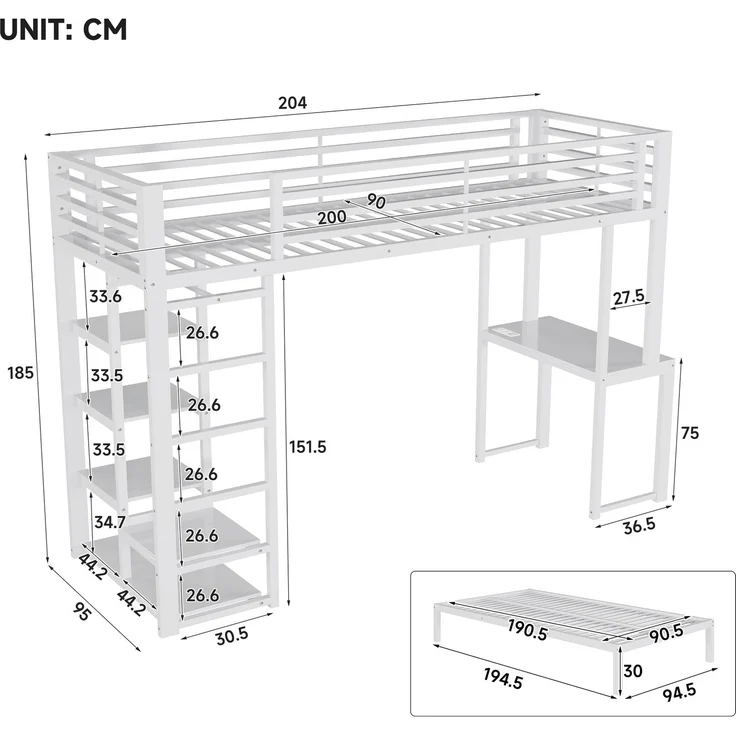 Hochbett 90×200 cm mit EN747-Schutz, Schreibtisch, Weiß, ohne Matratze – Bild 5