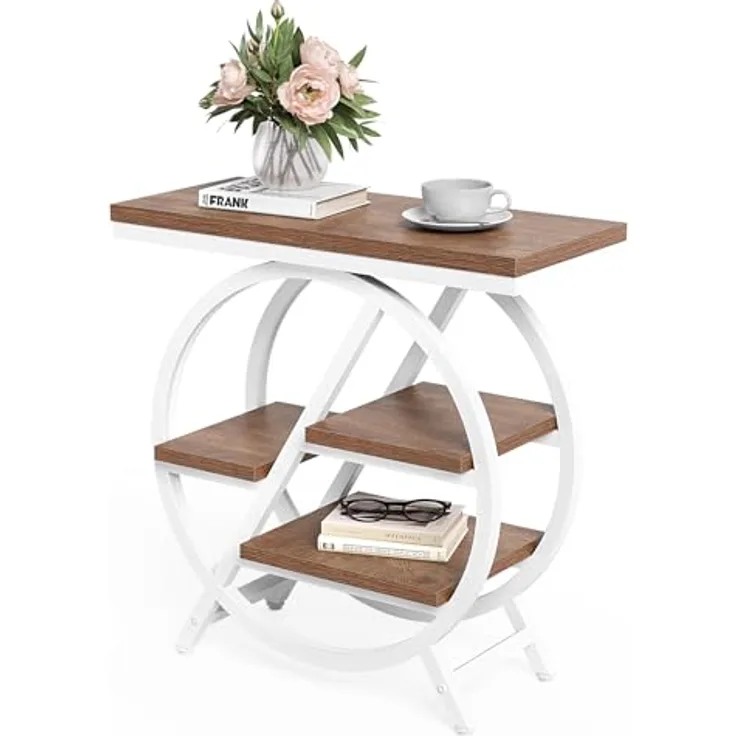LITTLE TREE Schmaler Beistelltisch 4 Ebenen & Großzügigem Stauraum – Moderner Nachttisch für Wohnzimmer, Home Office, Schlafzimmer (Braun & Weiß)