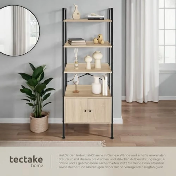 tectake Leiterregal Brentwood, Rechteckig in Natur, Holzwerkstoff mit Beton Optik, 34x173x57,5 cm, 4 Ebenen und 2 Schrankfächern – Bild 4