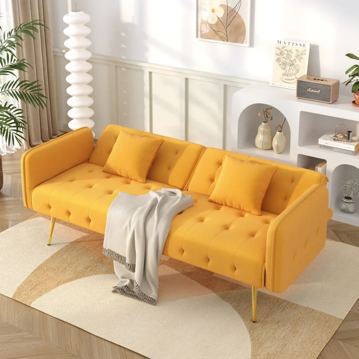 Sofabett 2-in-1 Samt,Zweisitzer mit verstellbarer Rückenlehne & Armlehnen, zum Gästebet,Gelb – Bild 3