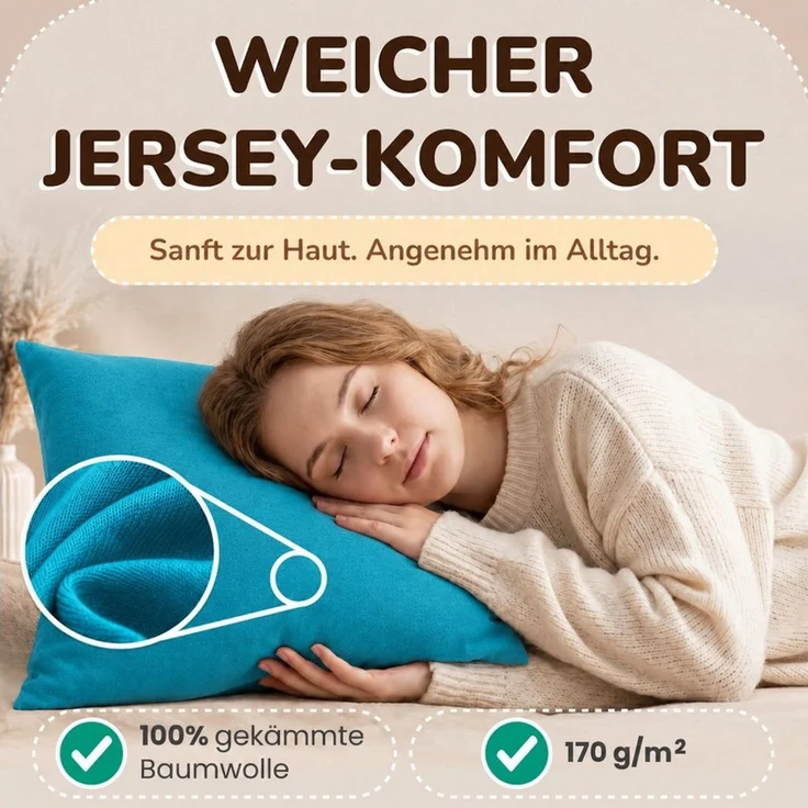 leevitex® Kissenbezüge Kissenbezug 40 x 40 cm, 2er Set, Petrol/Smaragdblau, (2 Stück), feine Jersey-Qualität, 100% Baumwolle, robuster Reißverschluss – Bild 2