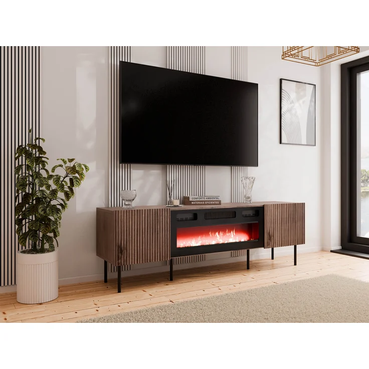 Mirjan24 'Trigev' TV-Lowboard mit 2 Drehtüren, elektrischer Kamin, nuss Warmia, 58 x 42 x 181 cm – Bild 2
